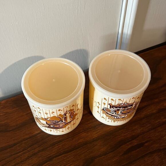 Vintage 70’s Plastic Container Crock Butter Tub with Lid Set of 2 Harvest Design - Picture 6 of 10